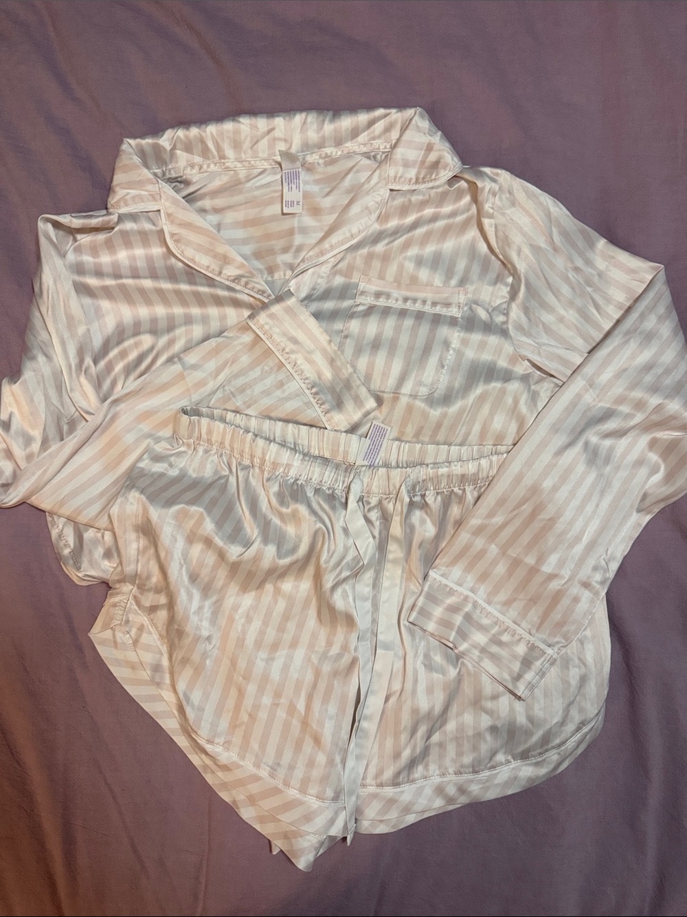 Sleepwear, Striped Satin Shirt - Cream & Blush